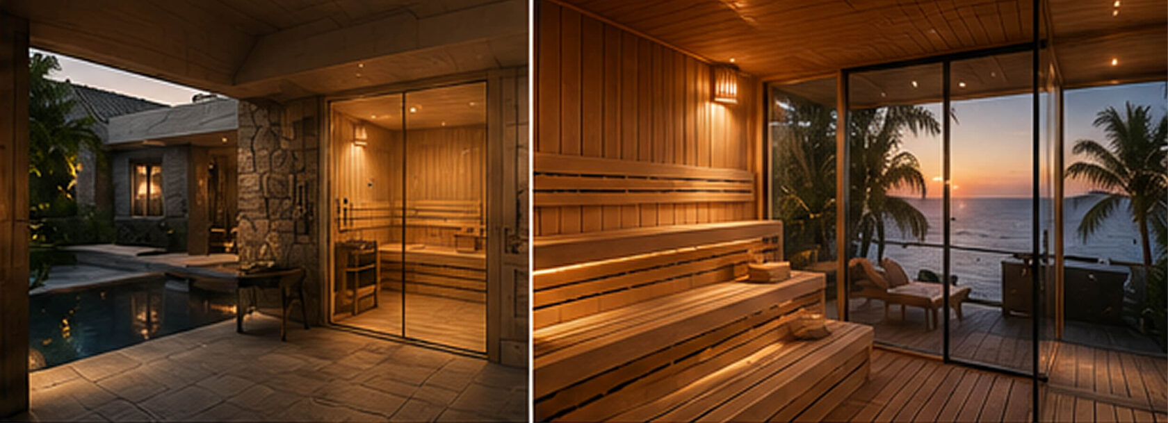 Two photos with premium saunas: one sauna is located in the villa background near the pool, another sauna is paired with a ice bath