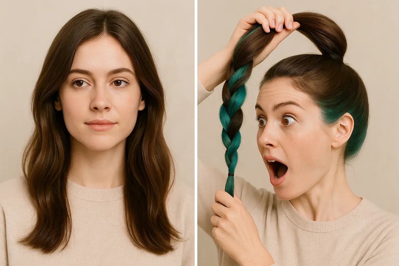 Скрытое окрашивание волос: нейтральный образ с распущенными локонами и яркий бирюзовый акцент в собранной косе.