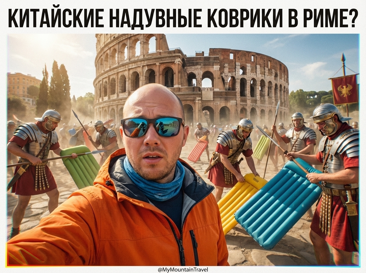 Желтый надувной коврик в палатке на фоне гор