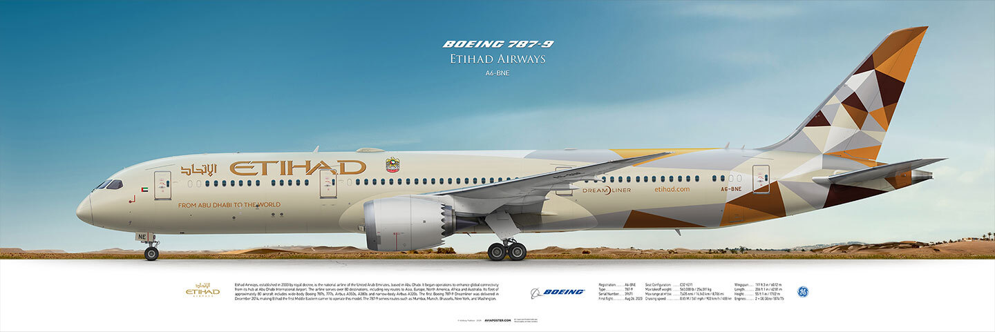 Boeing 787-9, Dreamliner, Etihad Airways, самолёт на цветном фоне, боковик