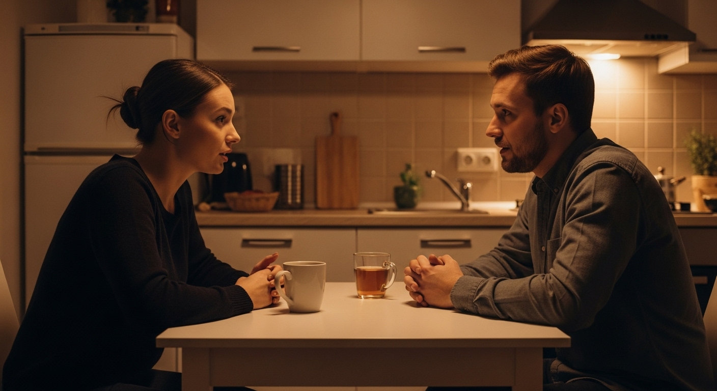 Супруги сидят друг напротив друга за кухонным столом вечером и ведут серьёзный разговор - попытка восстановить близость в отношениях