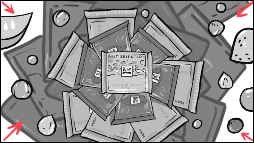 Акцент на упаковку Ritter Sport – шоколад с орехами – Иллюстрация из визуального маркетинга: упаковка шоколада выделяется среди множества плиток. Чистый вкус, внимание к деталям, премиальный стиль