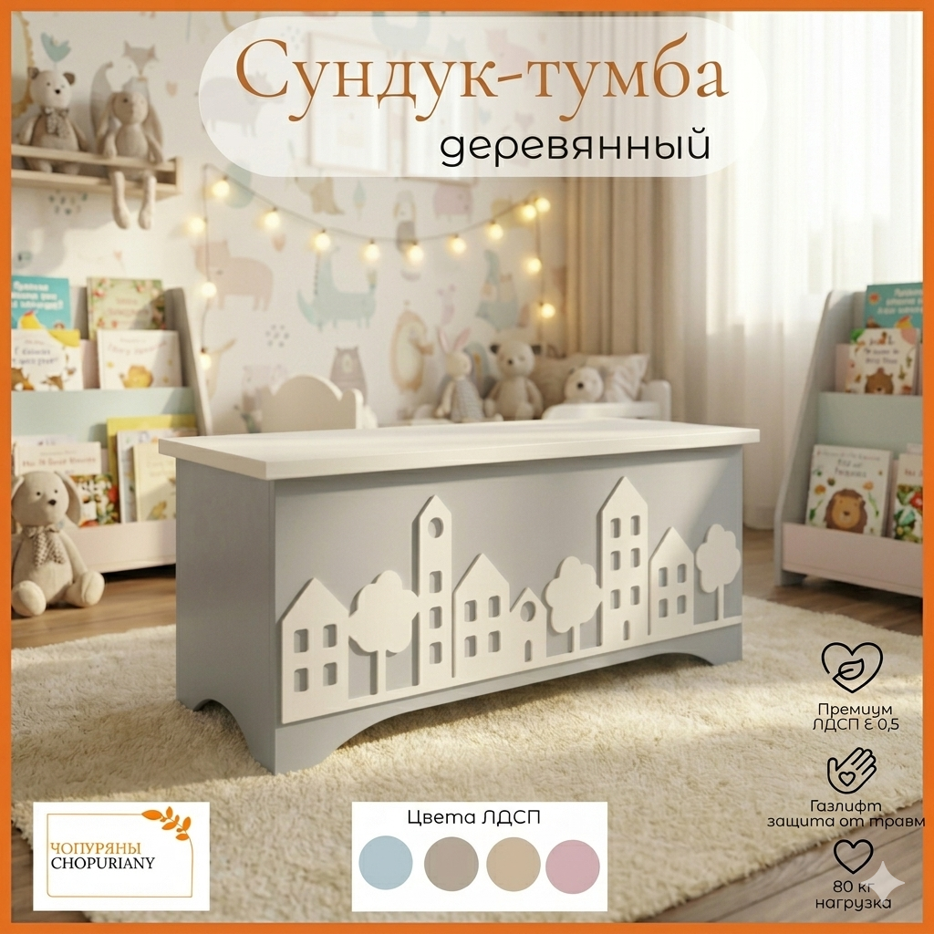 Вместительный напольный сундук-тумба , цвет светло-серый, в скандинавском стиле для детской комнаты , кухни и гостинной Мебель CHOPURIANY из безопасного премиум ЛДСП Е 0.5 с защитой от защемления пальцев (газлифт) и выдерживаемая нагрузка до 80 кг.