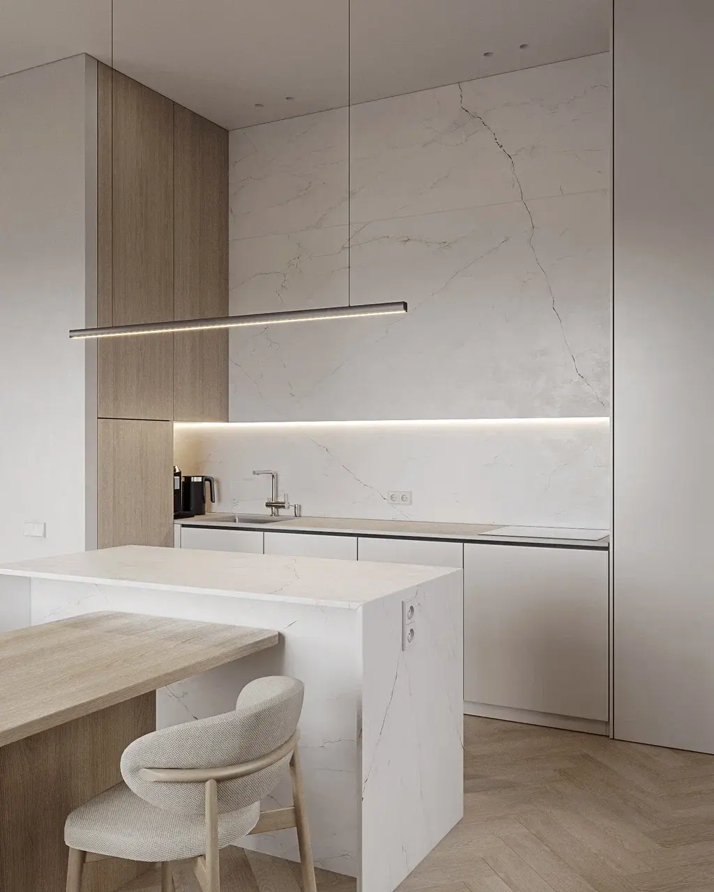 двуспальная кровать на фоне акцентной стены терракотового цвета