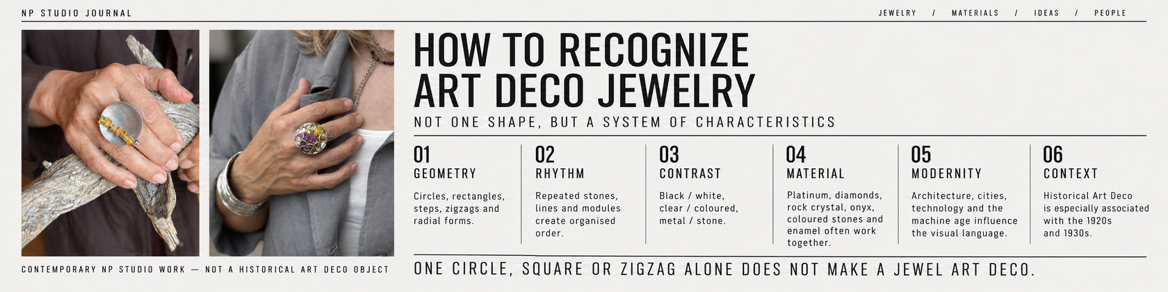 NP Studio Journal infographic: how to recognise Art Deco jewelry through geometry, rhythm, contrast, material, modernity and context
