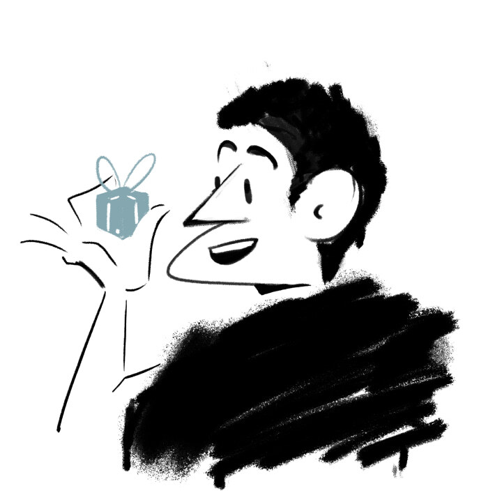 Рисованный персонаж держит красный маленький подарок в руках и смотрит на него