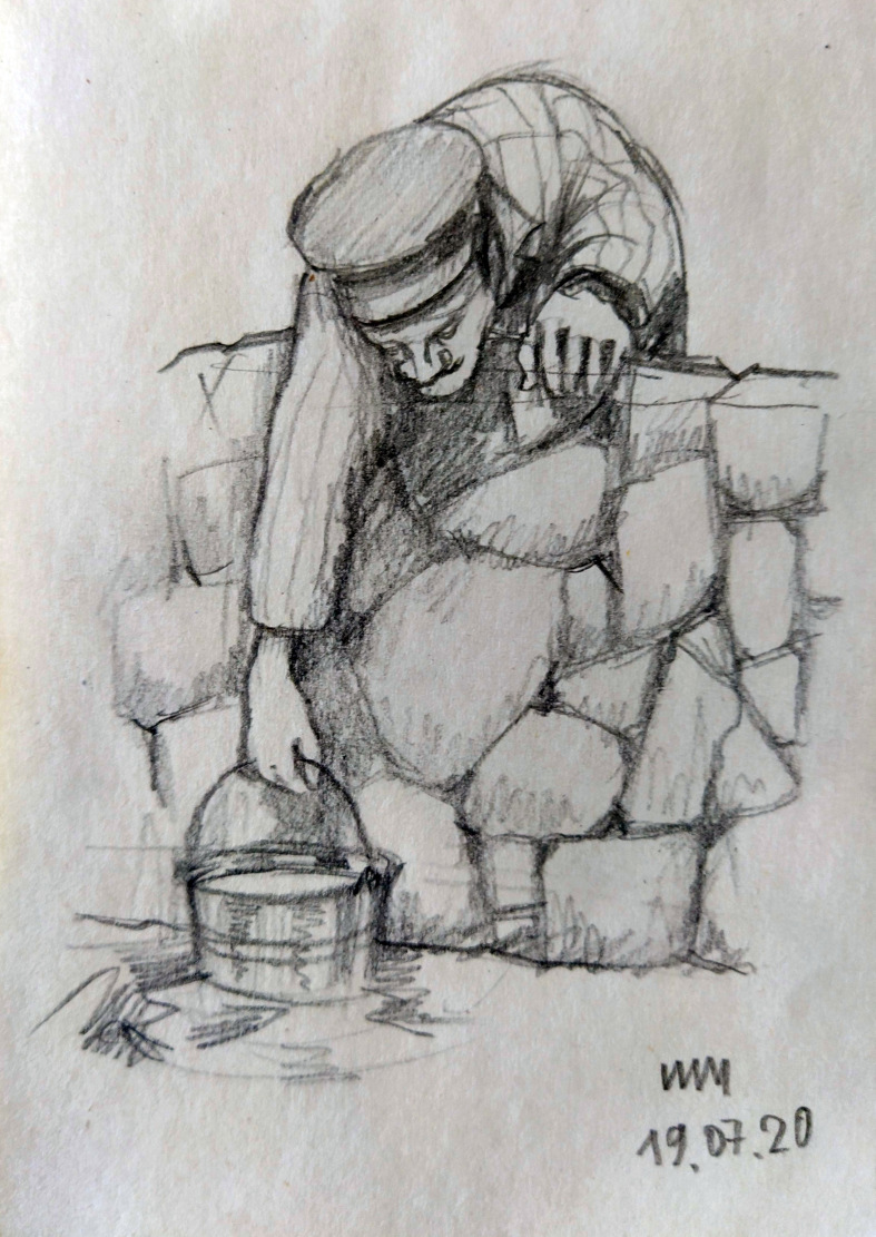 Изображение символизирует заповедь טבילת כלים - омовение посуды по еврейскому закону (иллюстрация художника Йосифа Лихтарева).