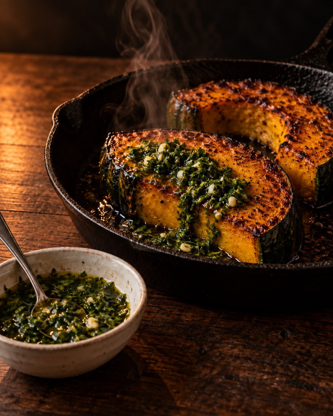 Green chimichurri spooned over seared kabocha squash steaks in a cast-iron skillet, a small bowl of the sauce beside it