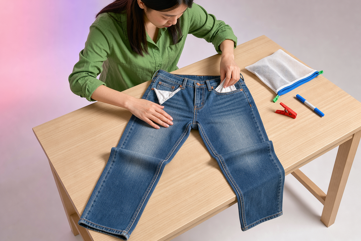A pair of denim jeans laid flat on a wooden table, someone smoothing them out and turning pockets inside out, a small mesh laundry bag visible nearby