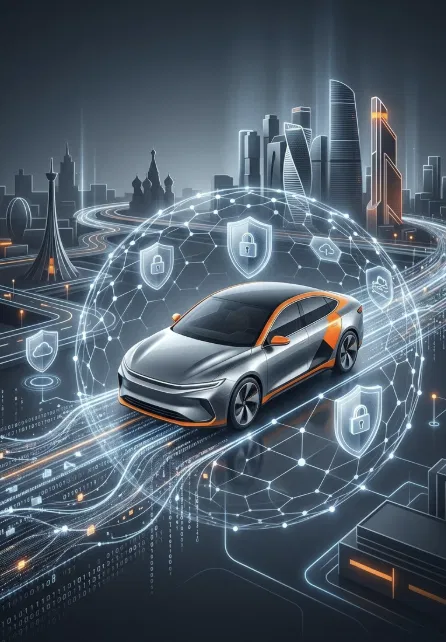 Защищённая цифровая инфраструктура АИС «Таксомотор»: автомобиль такси в контуре сети безопасности на фоне городского пейзажа