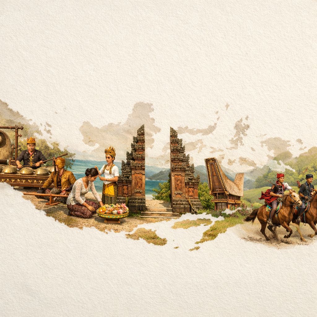 Ilustrasi peta Indonesia dengan unsur tradisi budaya lokal, musik, ritual, arsitektur, dan kehidupan masyarakat Nusantara