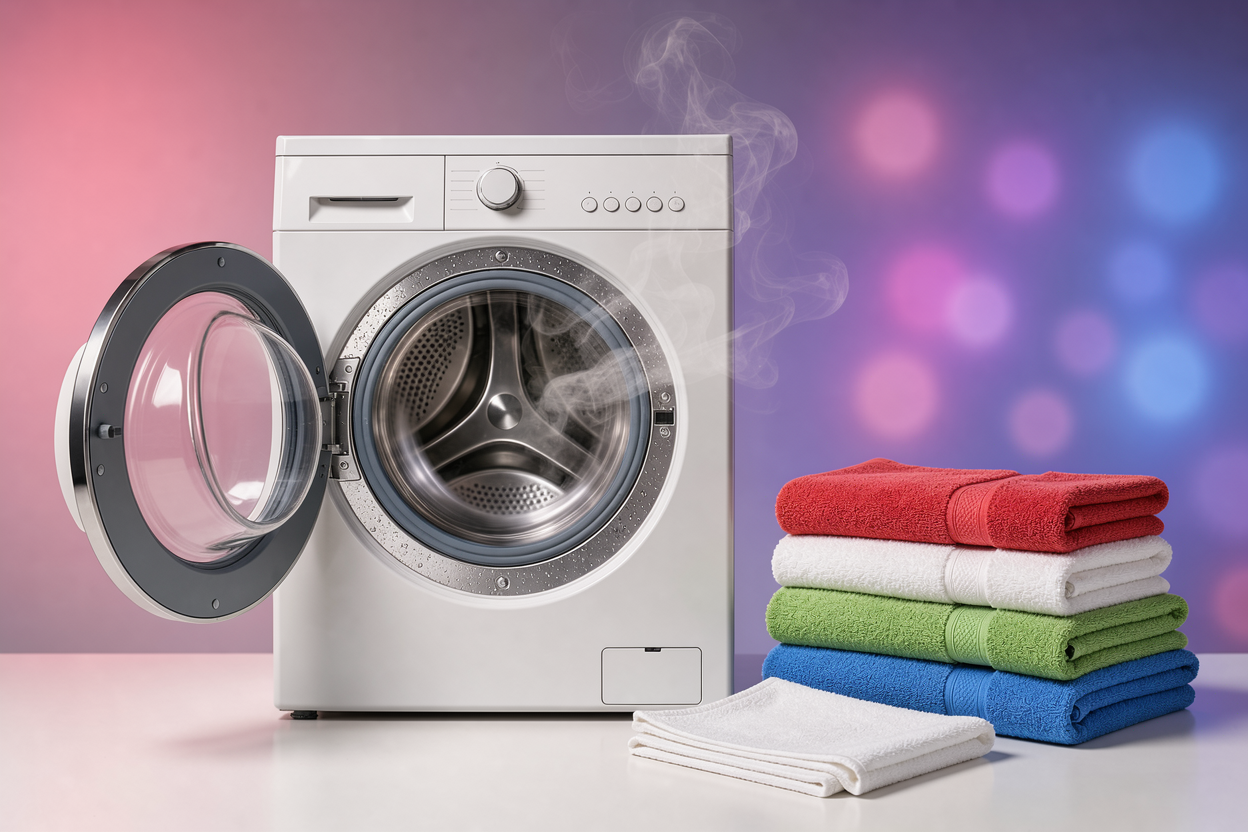 washer drum open with neatly folded towels waiting nearby and a steaming hot wash cycle suggested visually by steam and motion blur