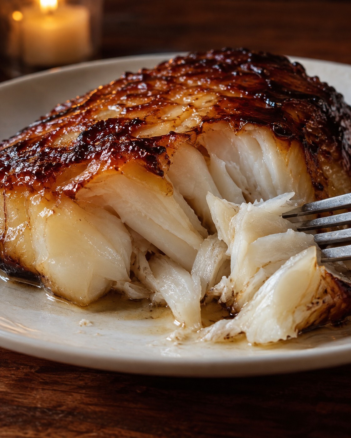 Close-up of miso-glazed black cod flaked open with a fork, silky white flakes under a glossy caramelized glaze