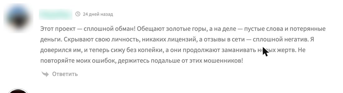 Скриншот комментария: сплошной обман, скрывают личность, никаких лицензий