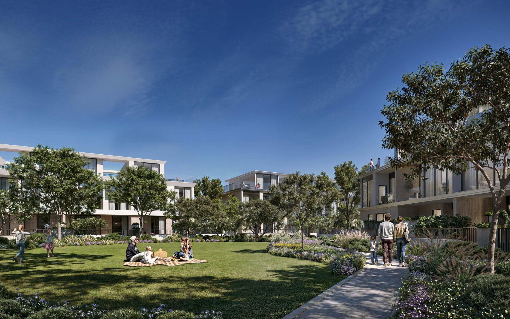 Greenway villa project render - open green space around townhouses durinng the day