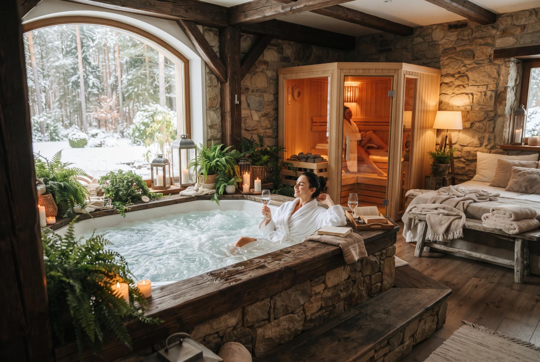 Домашняя SPA-зона в загородном доме с мягким освещением и зоной релаксации