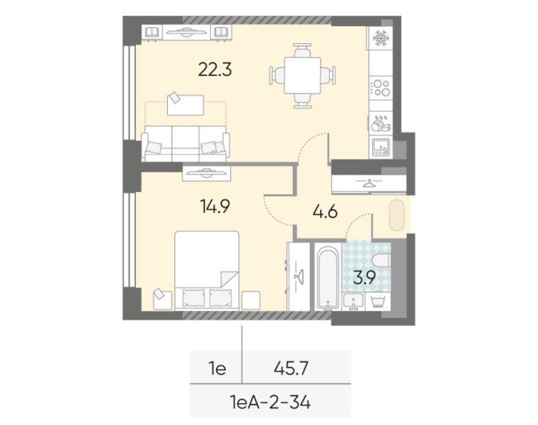 Планировка 1-комнатной евроквартиры 45,7 м² в ЖК «МАРК»: дом 33, 34-й этаж