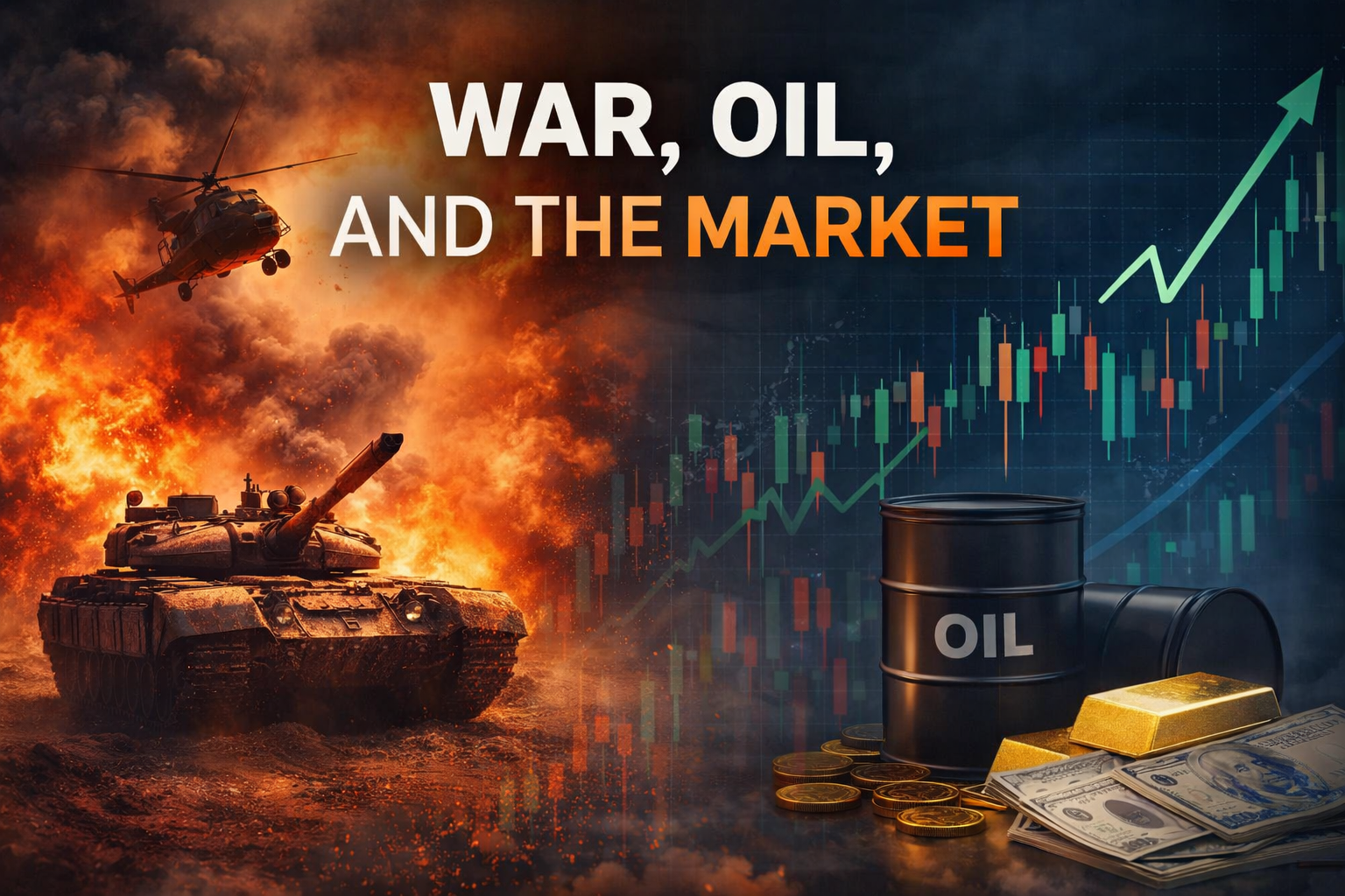 Illustration of a military tank and helicopter beside an oil barrel, gold bars, and a rising price chart