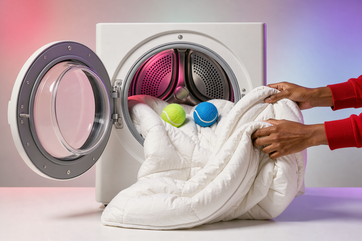 A dryer drum with two tennis balls inside and a fluffy, drying duvet being fluffed by hands, no logos or branded items