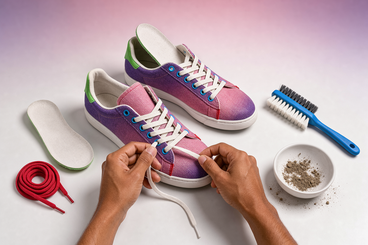 close-up of hands removing laces and insoles from a pair of fabric sneakers on a clean floor with a soft brush and a small bowl for dirt