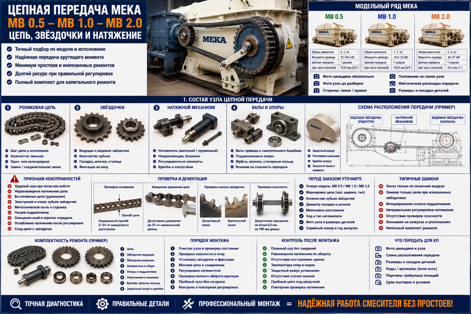Цепная передача MEKA MB 0.5–2.0: цепь, звёздочки и натяжение