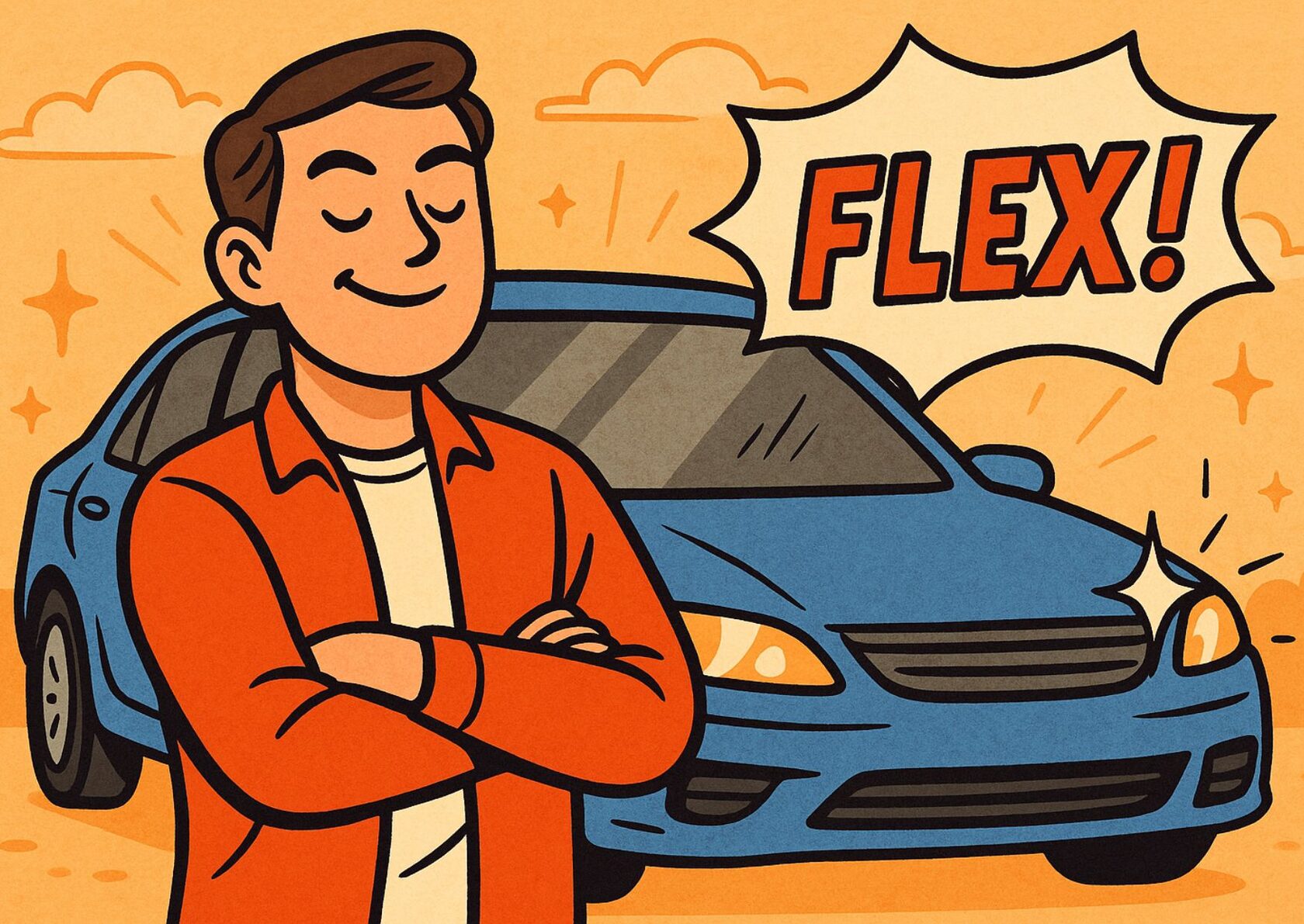 Комиксовая иллюстрация: парень стоит перед машиной с самодовольной улыбкой и скрещёнными руками — пример употребления слова flex в значении «хвастаться» или «показывать успех».