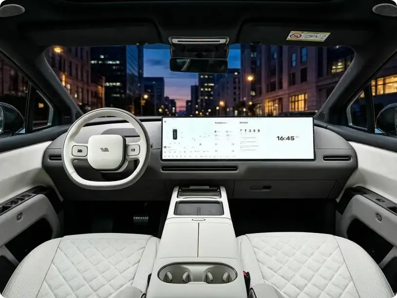 Интерьер Li Auto i9: руль, панорамный экран 6K спереди и светлая кожаная отделка