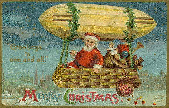 Открытка с Санта-Клаусом на дирижабле. Фото: Public domain  