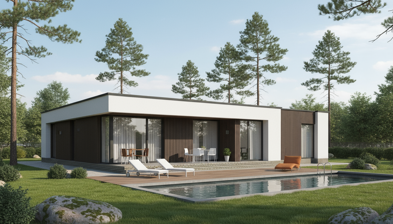 Современный одноэтажный дом 120 м² с террасой и бассейном в сосновом лесу