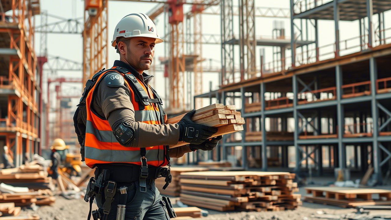 Construction worker in ExoMan exoskeleton on site