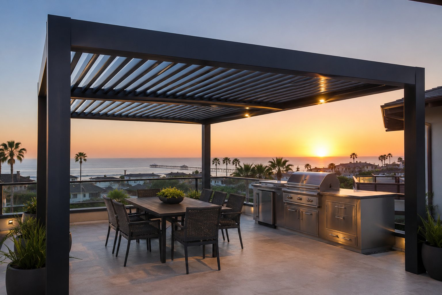 modern aluminum pergola project in Huntington Beach backyard