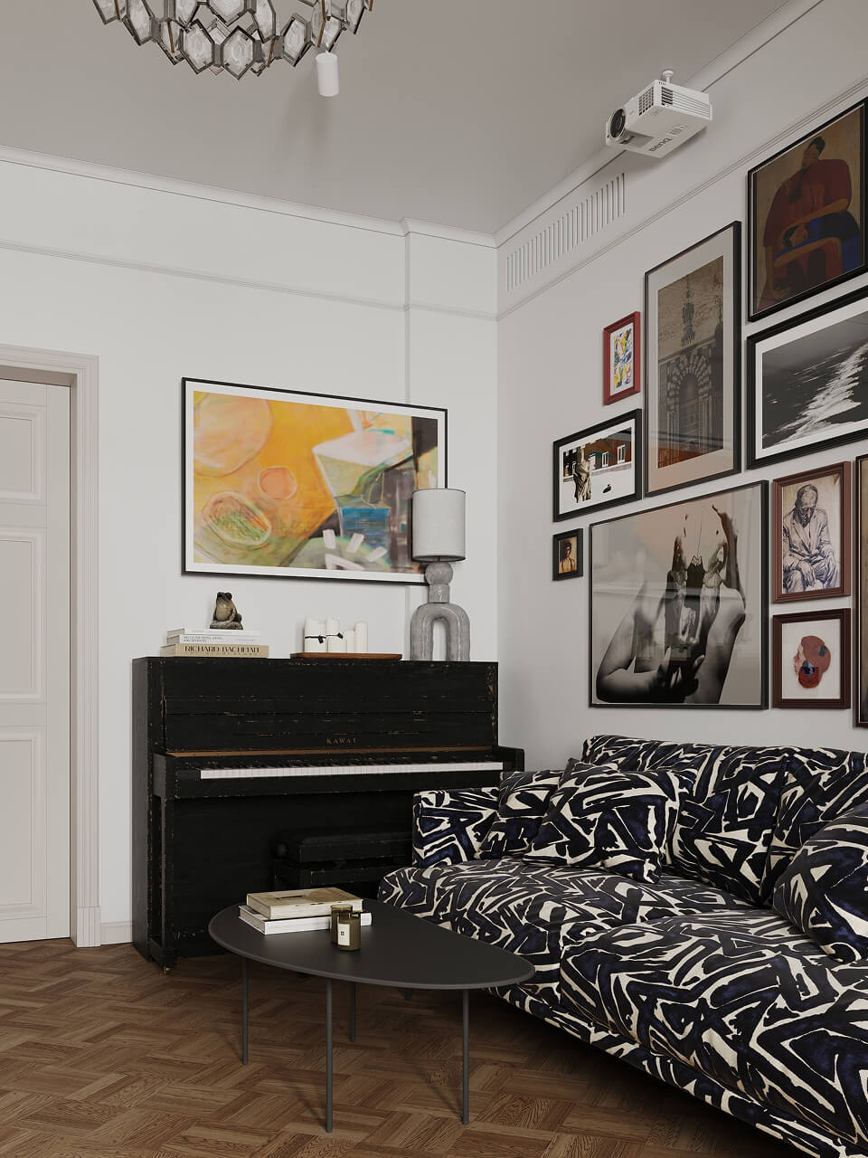 Дизайн интерьера в светлых тонах, чёрно-белый диван, белые стены, деревянный пол, кортины на стенах, пианино, стильный журнальный столик, проектор под потолком