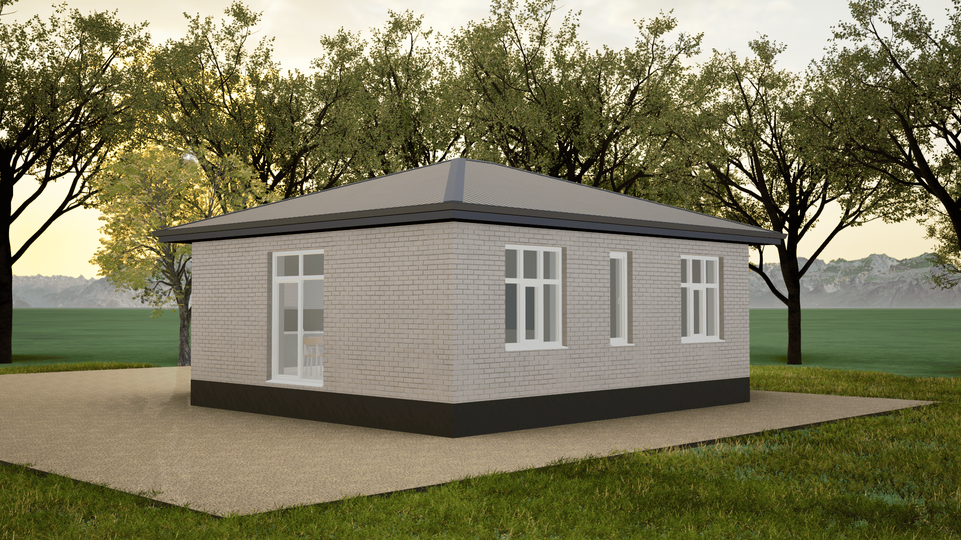 Маленький одноэтажный дом в Ставрополе из белого силикатного кирпича с белыми окнами и темной крышей цвета серый графит