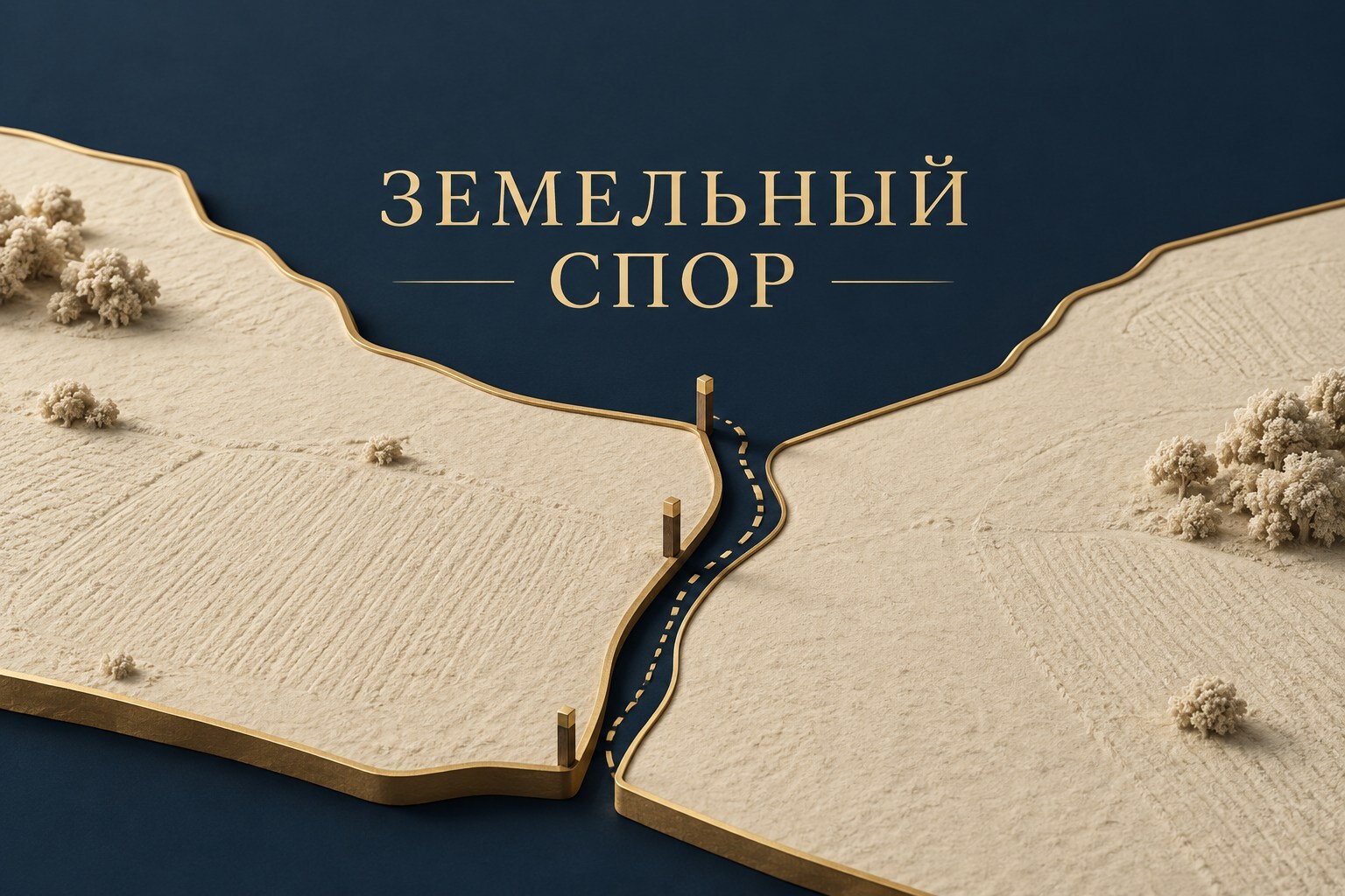 Концептуальная обложка: две кремовые земельные территории разделены тёмно-синей линией границы с золотыми межевыми знаками; надпись «Земельный спор»