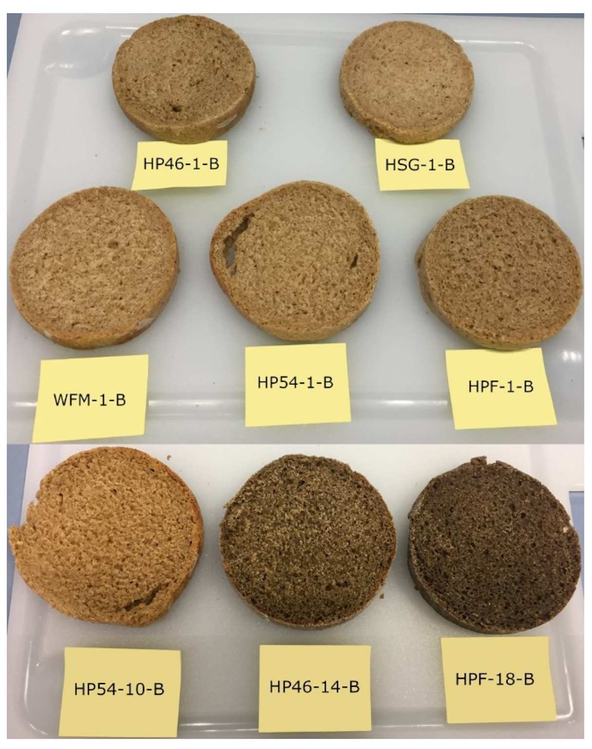 Cross-sections of bread samples demonstrating variations in color and crumb structure likely resulting from different hemp ingredient formulations
