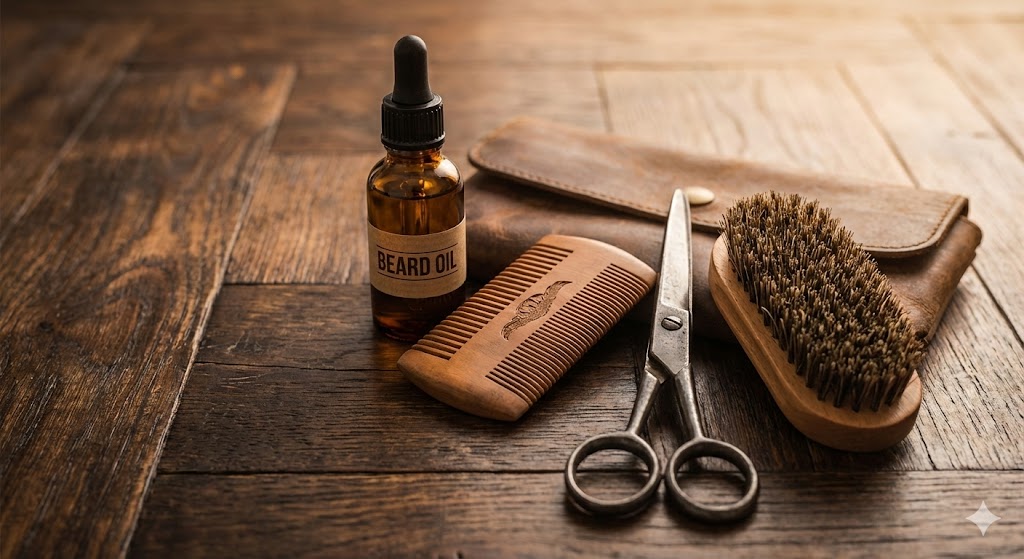 Набор для ухода за бородой: масло, гребень и щетка на деревянном столе 