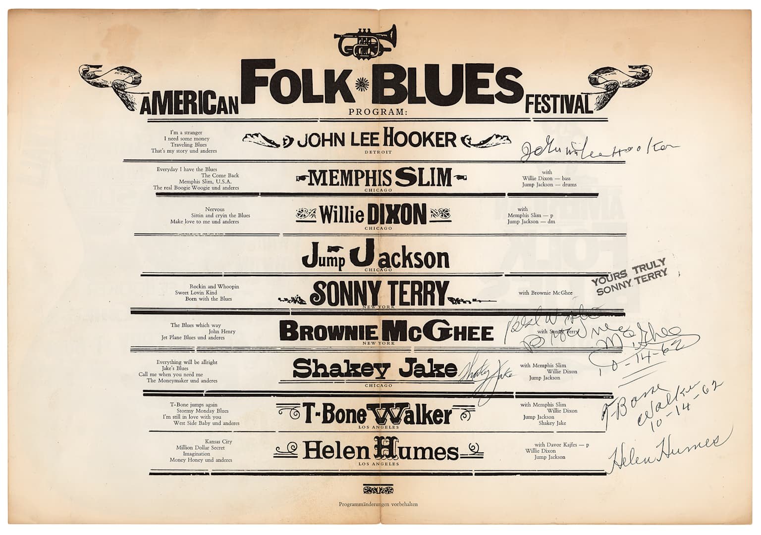 Программа первого American Folk Blues Festival 1962 года с автографами музыкантов