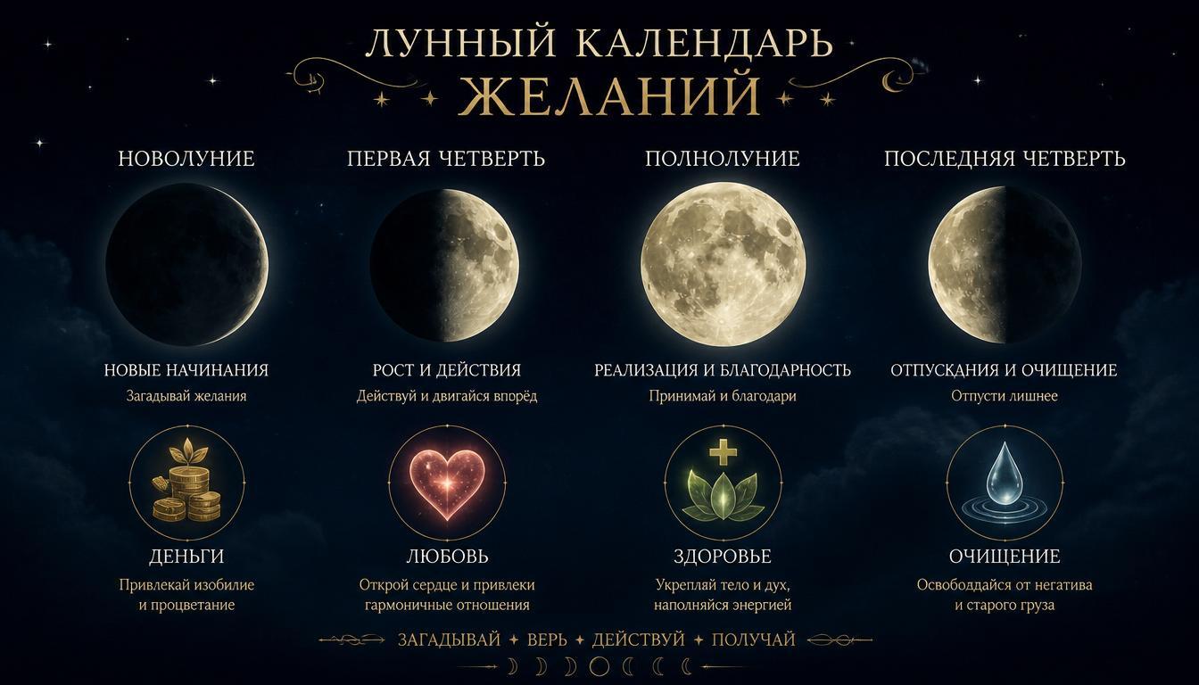 : Четыре фазы Луны на темном небе с символами желаний: деньги любовь здоровье очищение лунный календарь желаний