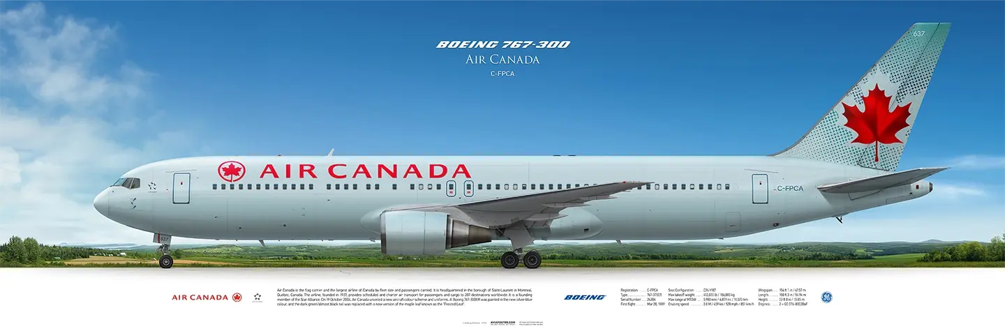 Плакат самолёт Boeing 767-300 Air Canada  в ливрее "Frosted Leaf" на фоне пейзажа