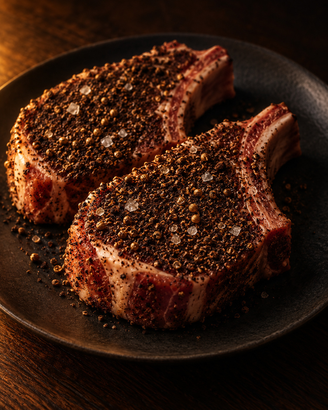 Two raw pork chops coated in a coffee and coriander rub, dry-brining on a plate