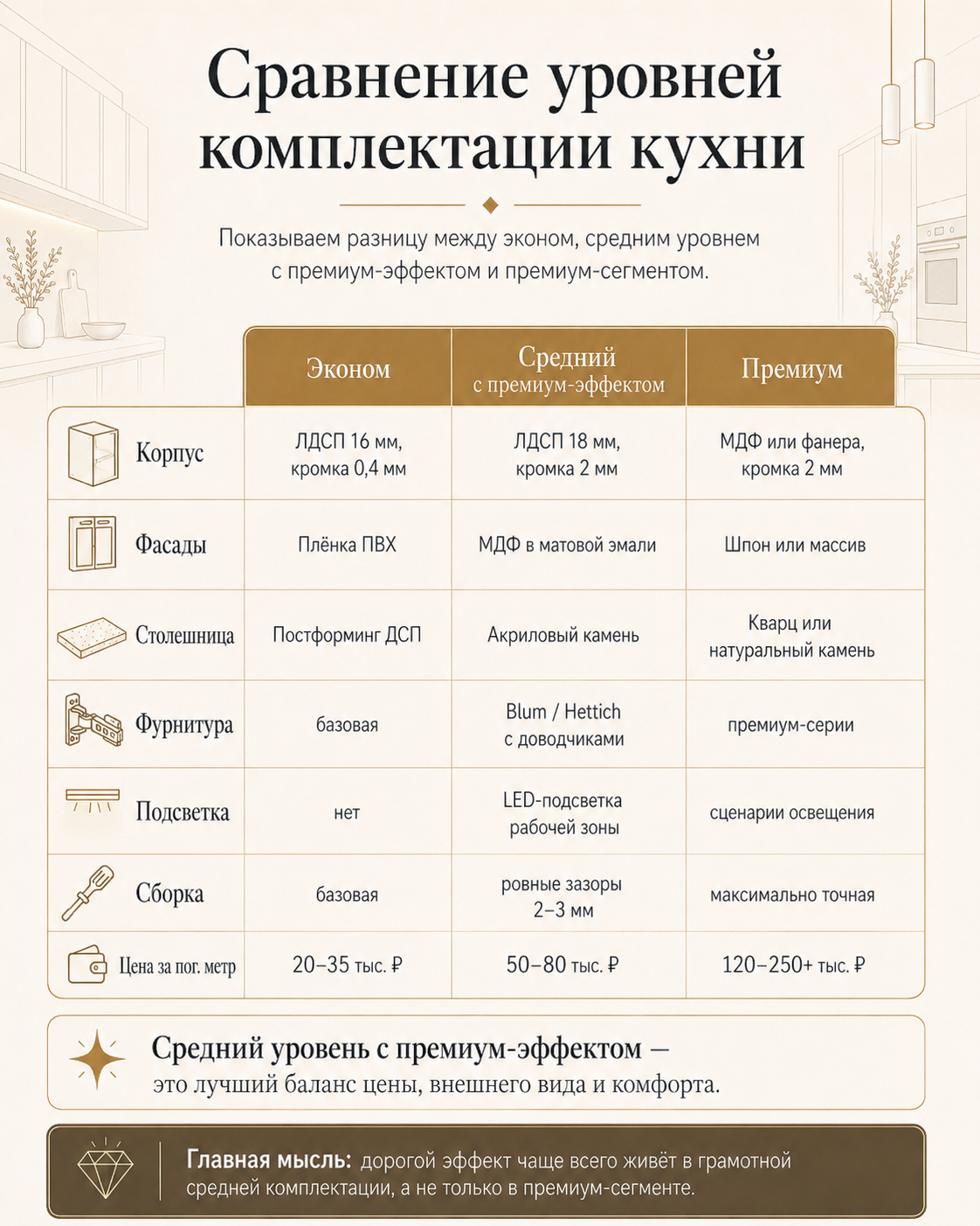 Инфографика: сравнение уровней комплектации кухни