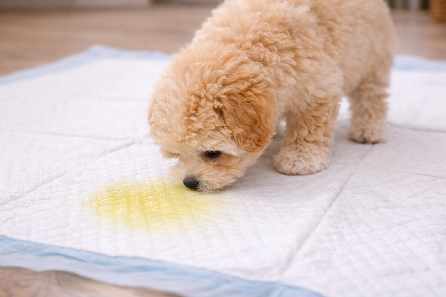 Щенок исследует лужу на пеленке