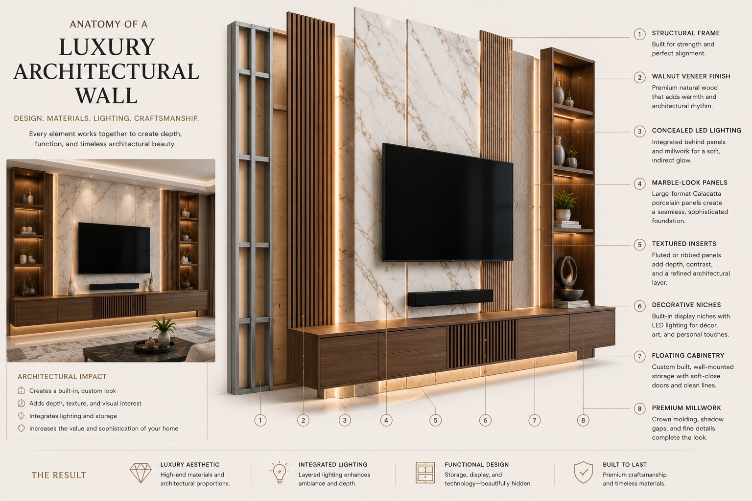 Exploded-view illustration showing the construction of a luxury architectural wall with marble-look panels, walnut veneers, concealed LED lighting, decorative niches, floating cabinetry, and premium millwork.