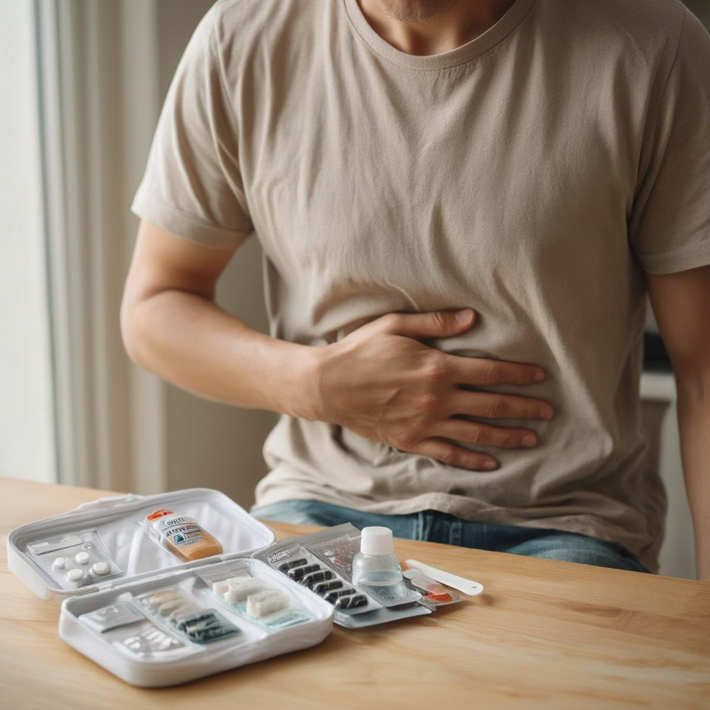 Мужчина хватается за больной живот перед открытой аптечкой для ЖКТ