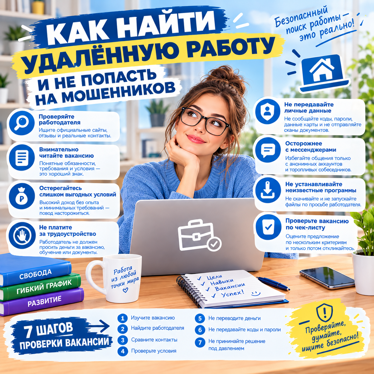 Как найти удалённую работу и не попасть на мошенников: проверка работодателя и вакансии, защита персональных данных и 7 шагов безопасного поиска работы