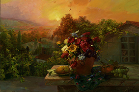 картина цветы восход терраса