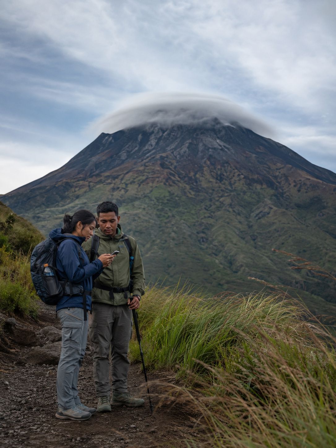 Pendaki mengevaluasi cuaca saat awan topi menutupi puncak gunung di depan mereka