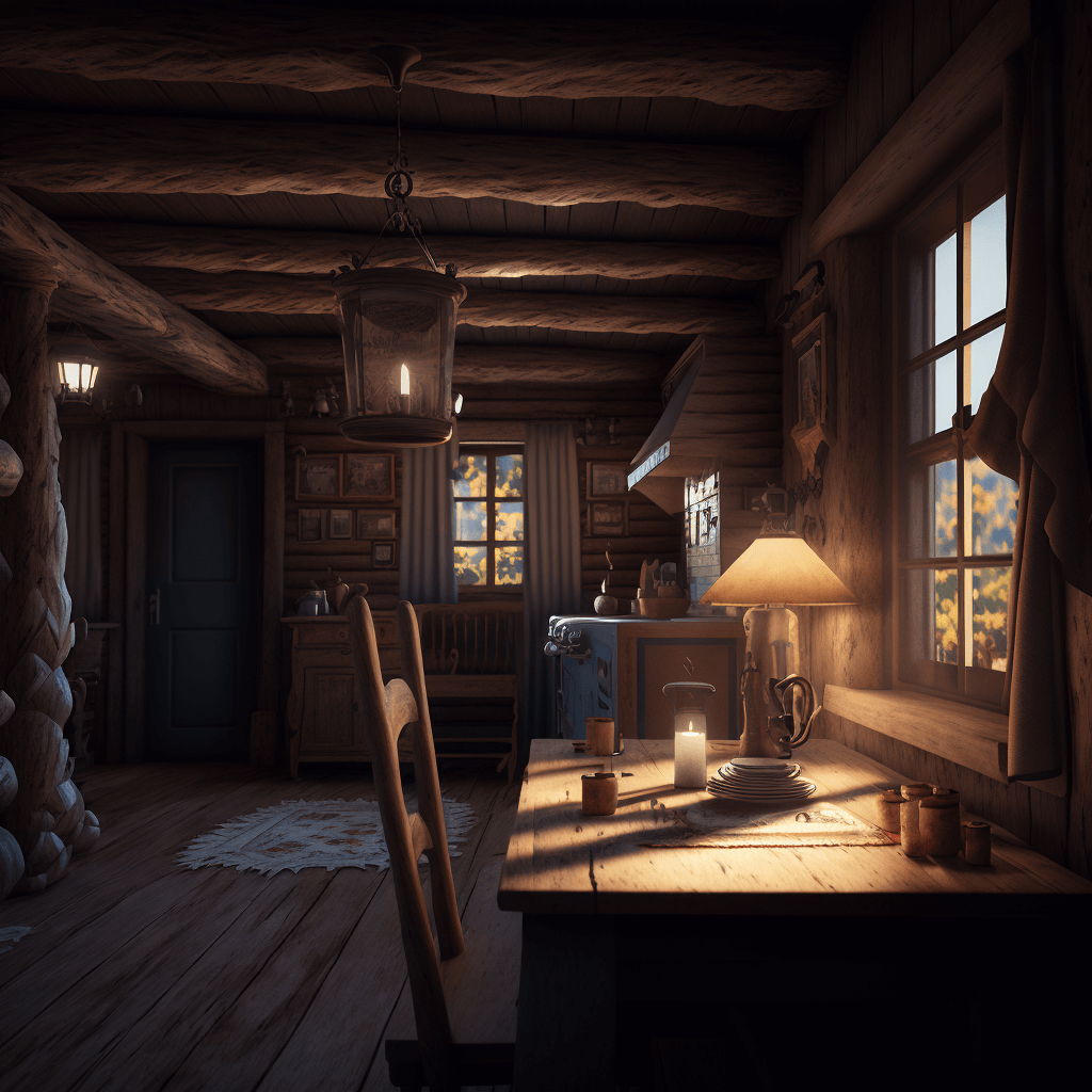A realistic, 3D model of a cozy, rustic cabin, brought to life with Thea Render's advanced lighting and materials