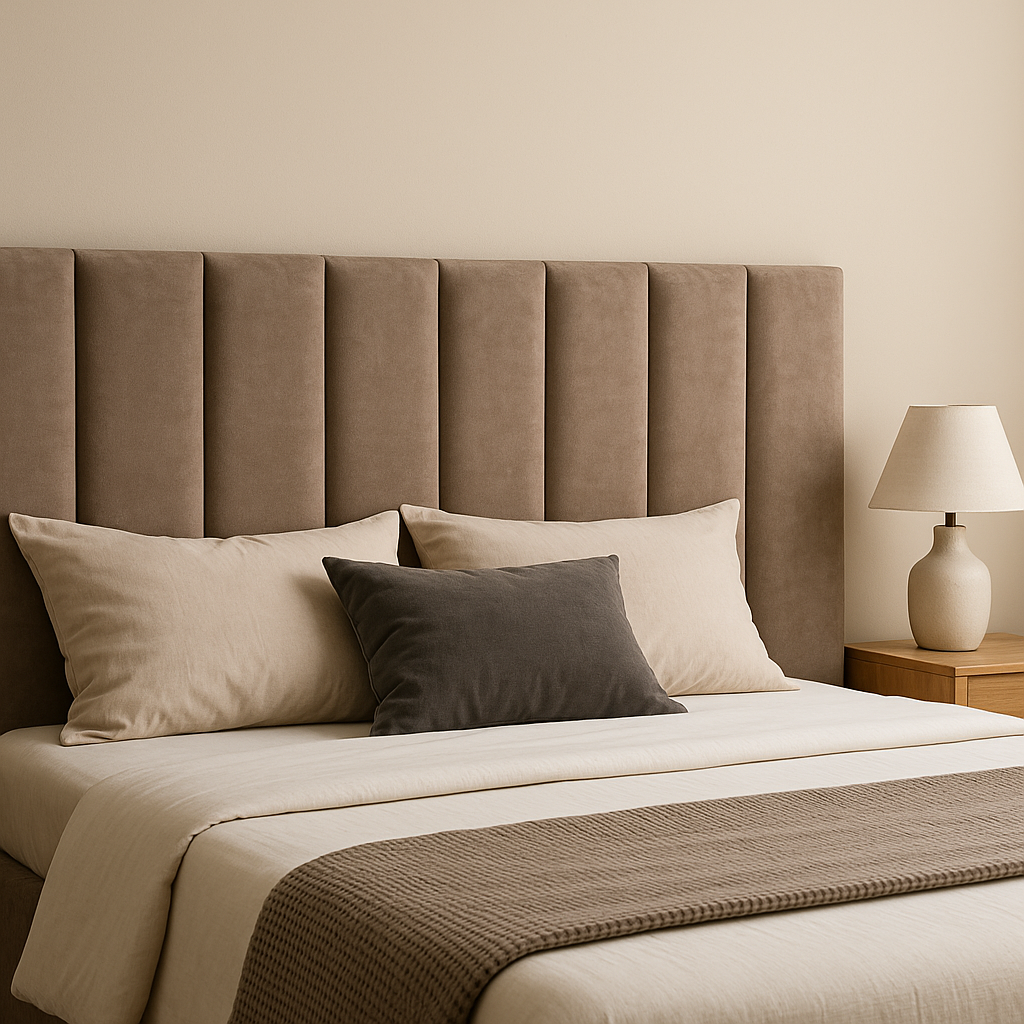 Современная спальня с мягким вертикальным изголовьем из велюра цвета тёплого таупа, светлым постельным бельём и прикроватной тумбой с керамической лампой в скандинавском стиле.