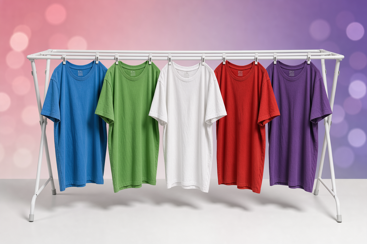 Air-drying T-shirts hung on a drying rack indoors, turned inside out and spaced apart to show gentle drying and fabric care, no visible brand printing or cleaning items